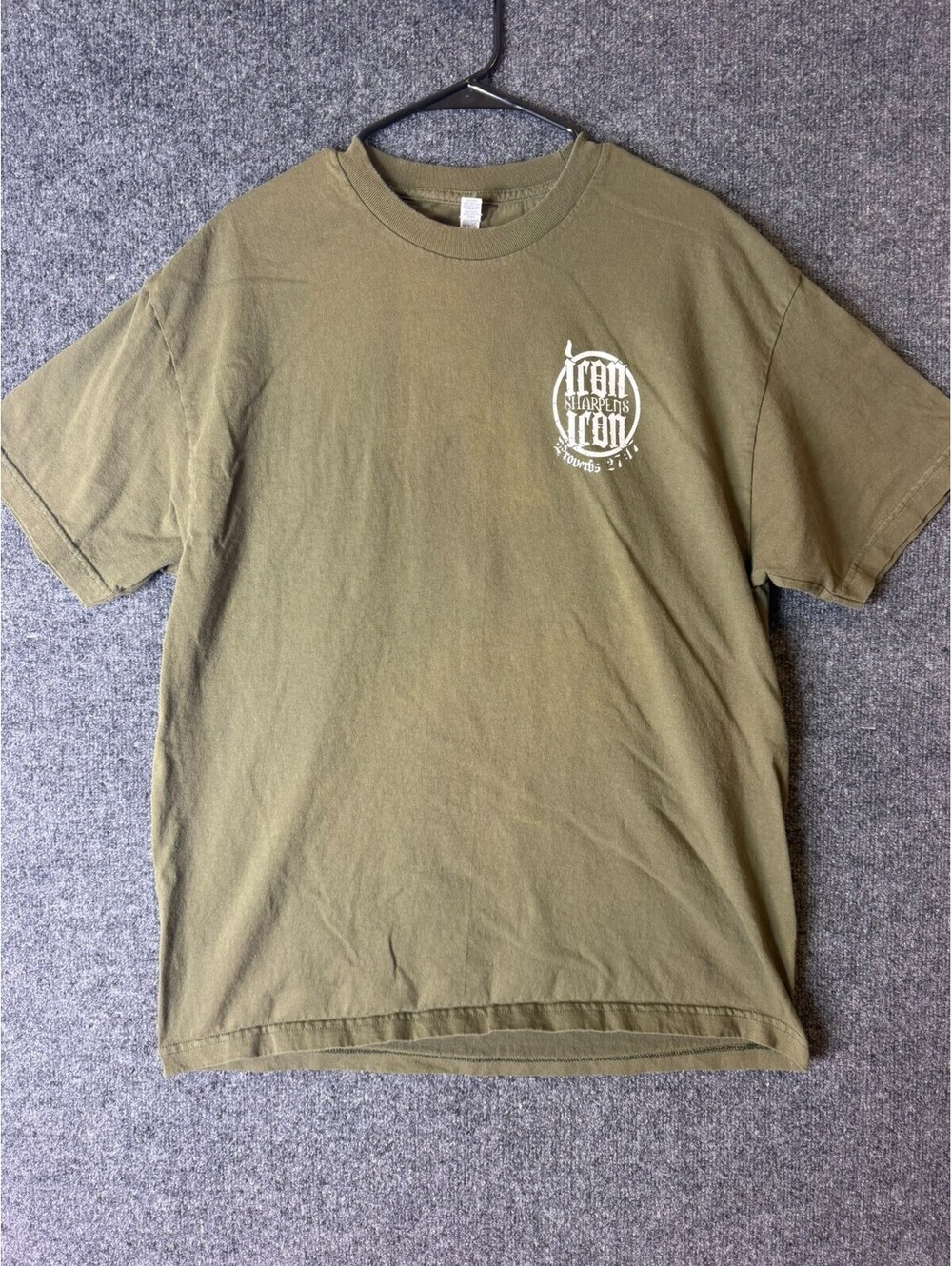 Iron Sharpens Iron Proverbs 27:17 Christian T Shirt Mens XL Military Green Tee